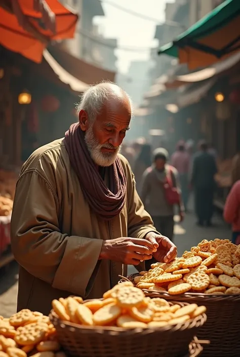 create a realistic and cinematic image of a cracker seller with his eyes closed