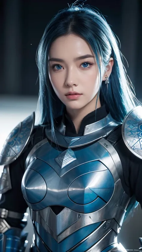 Wanlenbob、Blue Hair、Ear piercing、Blue Eyes、Blue armor with geometric patterns、Big Sword、Summit、cumulonimbus、Dragon、Well-balanced arrangement High resolution, masterpiece, Anatomically correct, 最高quality, High detail, High-resolution model, quality, 高qualit...