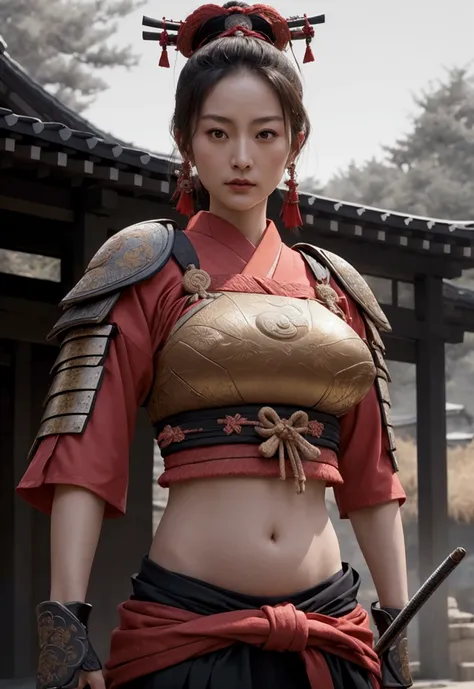 a beautiful samurai woman,45 years-old,crop top showing navel,expose belly,holding a japanese katana sword,wearing a traditional...