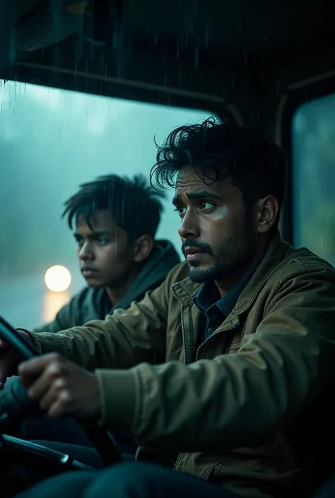 cinematic, photorealistic film poster of a young father driving an old van and his  son, in heavy rainfall dark night, fear in faces, tension, frontal face shot, misty air, wiper wiping windshield, dim light, Kalimpong Sikkim Highway