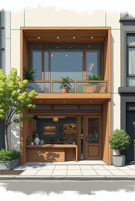 Generate an illustration/Architectural drawing of the facade of a cafe designed by a studio. 