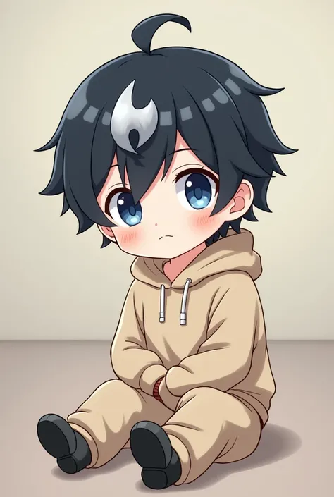 a chibi anime style male character wearing a hoodie blue eyes black hair with a white tuft in the middle  sitting 