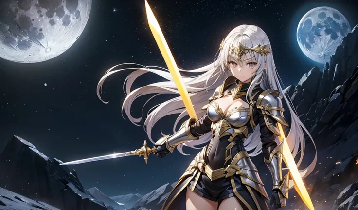 Girl with long silver hair and golden eyes，silver forehead protector，Chest，cleavage，Pitch black armor，Black Gauntlets，thigh，cross sword，moon，starry night