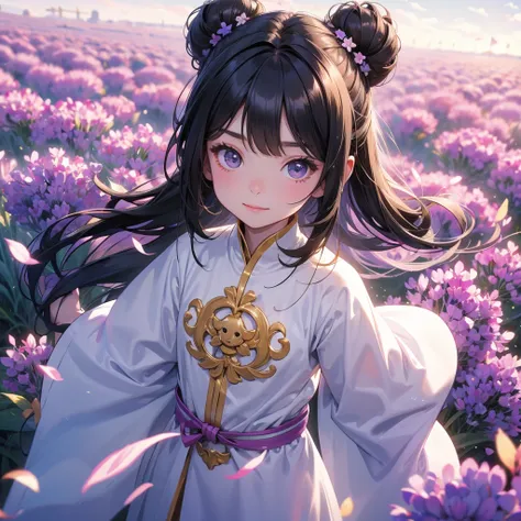 A chibi child girl had a small face and Wearing white little Taoist priests outfit. A pair of big round eyes shone with curiosity about him. This child was so cute! ,her hair is black with two buns on her hair.small chibi, chibi baby, smiling,The little ch...