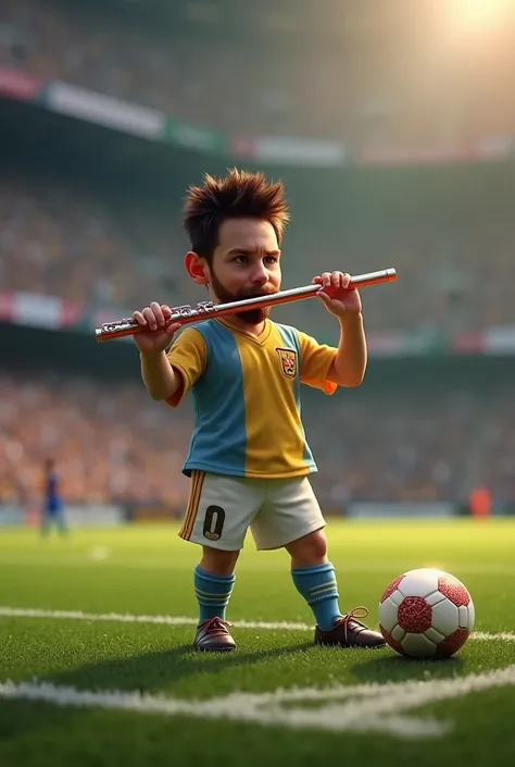 Messi is playing the flute  in a football ground with a beautiful football 