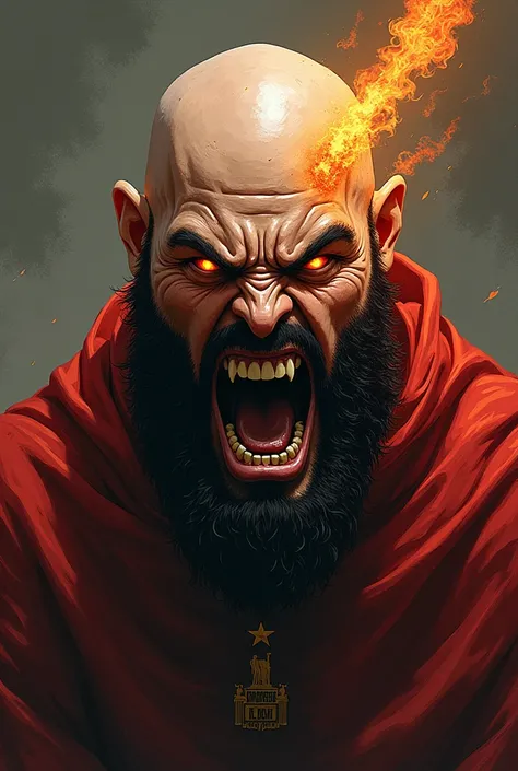 A bald saint in reference to the São Paulo team, angry, very angry, with fire coming out of his eyes, very furious, making faces and mouths I want to destroy everything