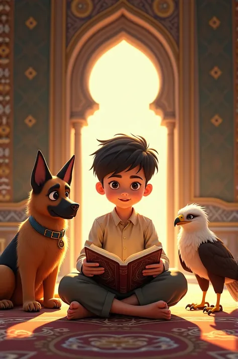 Generate me an image of a boy name himashu living in a mosque with his little german shepherd dog and a baby eagle studing quran