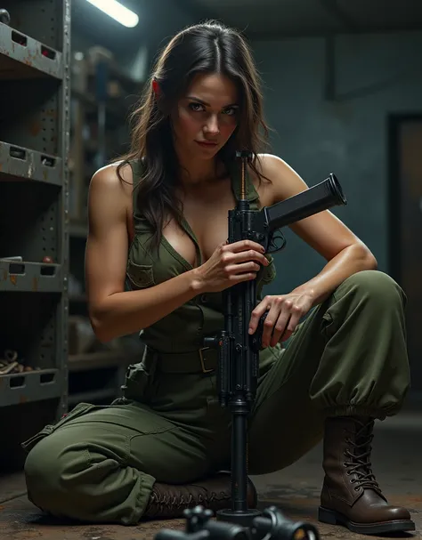 (Photorealism:1.2), sexy woman soldier, She is sitting and taking apart the gun..