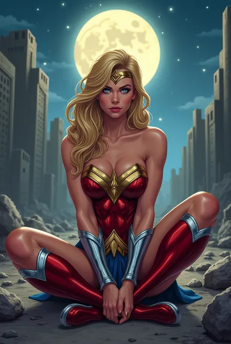 a smile, Wonder Woman is very attractive, ((blonde braid)), light eyes, athletics, sexy, Realistic style, radiant skin, cartoon hero, defined lips, Strong physical strength, femenine body, Whole body, viewer, (stern facial expression:1.2), Depth of field F...