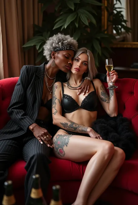 Two russian old milf women: the dominant aggressive dark skinned black woman in business pinstripe suit (jacket and trousers), long nails and afro hair, sitting on the center of a dark red sofa with possessive stance (arm around her girlfriends shoulders s...