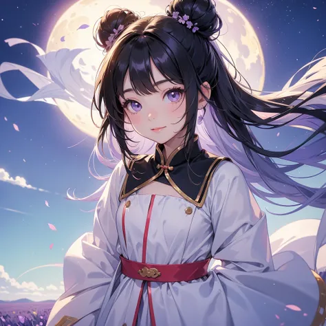 A chibi child girl had a small face and Wearing white little Taoist priests outfit. A pair of big round eyes shone with curiosity about him. This child was so cute! ,her hair is black with two buns on her hair.small chibi, chibi baby, smiling,The little ch...