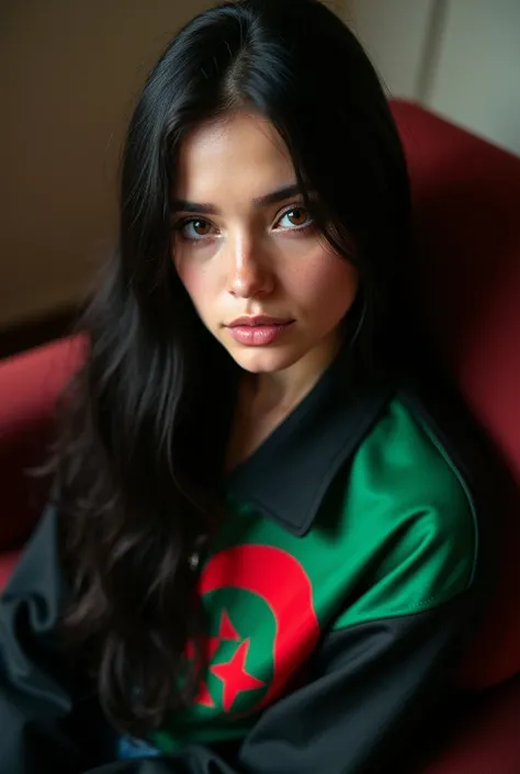 Young woman with long black hair, wearing a black jacket with the Algerian flag. Sitting on a plush chair, close-up