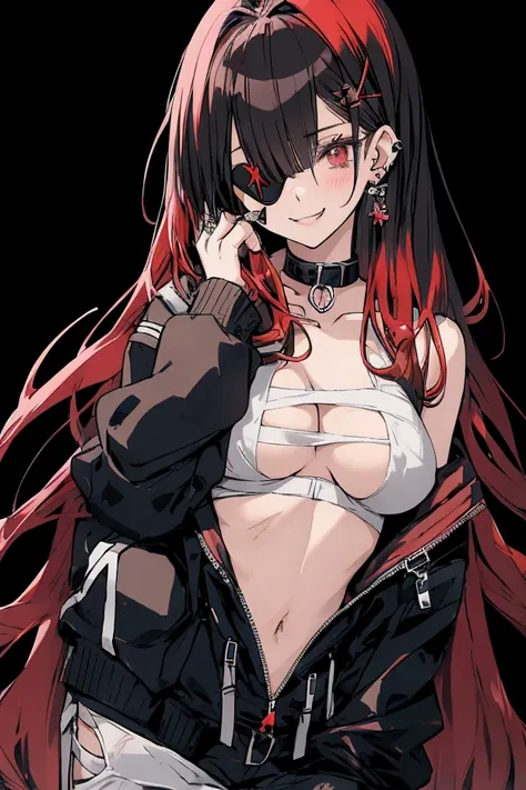 
Anime girl without a bra with bandages binding her breasts in an X shape black pants jacket on top eye patch black and red hair big breasts