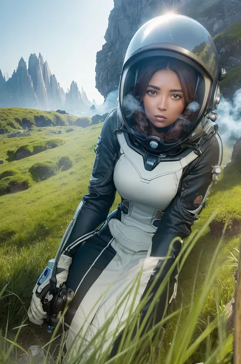 award-winning close-up photo of a woman (sci-fi explorer:1.3) wearing helmet with hexagonal glass visor, [Psychostyle::10], ao lado de um (crashed vehicle:1.2), (smoke:1.4), looking at a lush green alien planet, (mountainscape:1.2) (Tall Grass:1.2), stones...