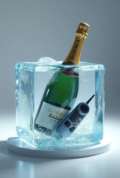 Make a picture of an ice cube, with a bottle of champagne, a remote control and a prize inside. And the scene alludes to the podium of a car race..