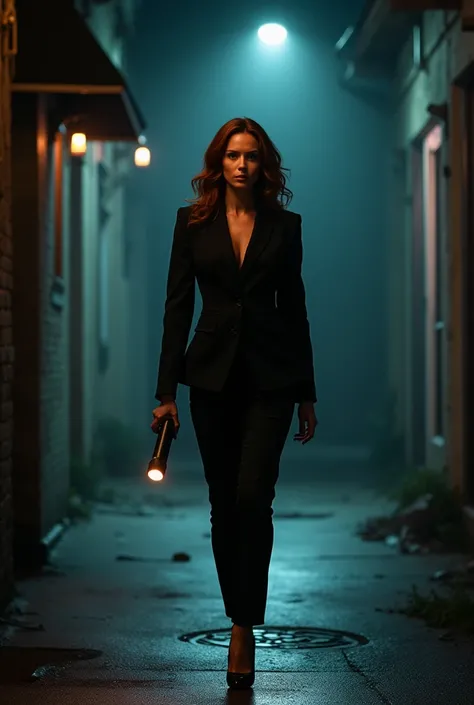 in a dimly lit place, Street of Moods, Dana Scully Investigates, radiating confidence and determination. Captured in full growth, She stands confidently, Her FBI badge gleams in the dim light.. She is dressed in her signature stylish suit., complemented by...