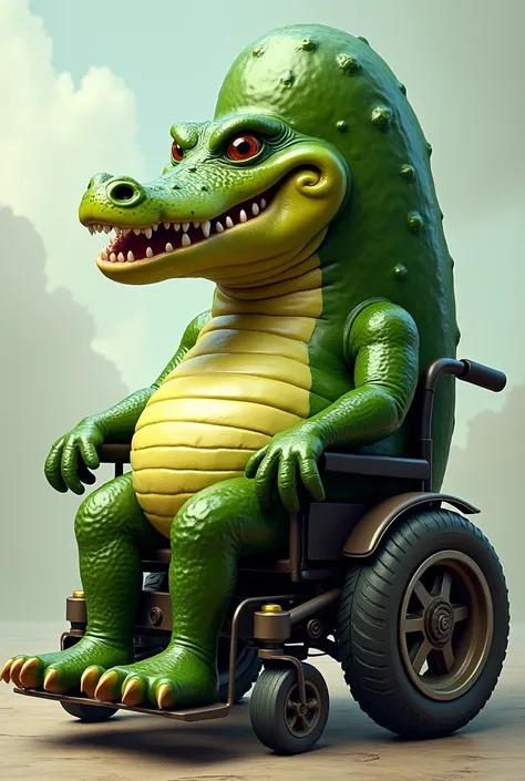 Big Pickle without arms and legs with a alligator face in a weelchair 