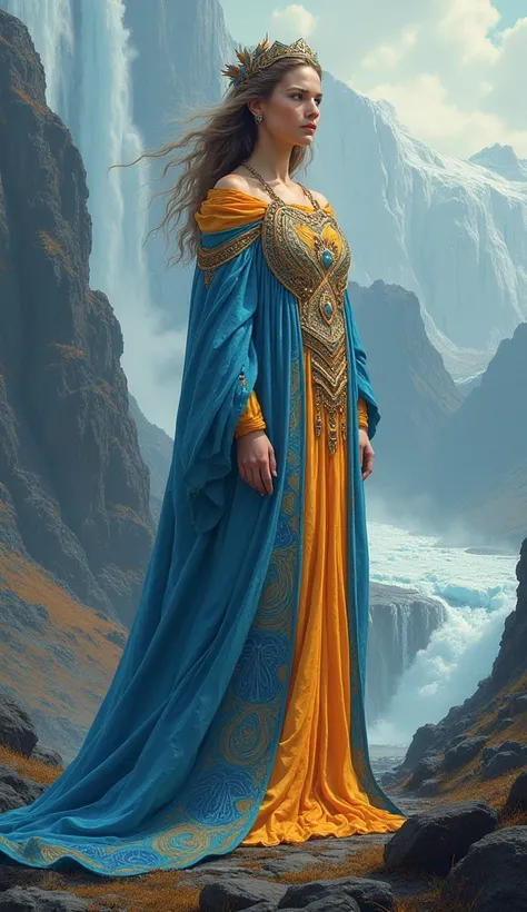 Beautiful Goddess, whole body, An Icelandic goddess dressed in a costume inspired by the Icelandic flag