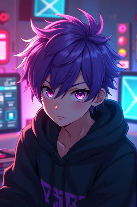 anime boy withe haire up atand harestile eys coler pirpal black hodi bagrond gaming room
