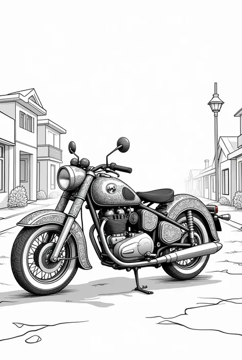 Design a black and white drawing of a classic motorcycle, with decorative details such as floral patterns on the chassis and tires. The motorcycle should be parked on a quiet street, with a background of buildings or simplified nature. This design should b...