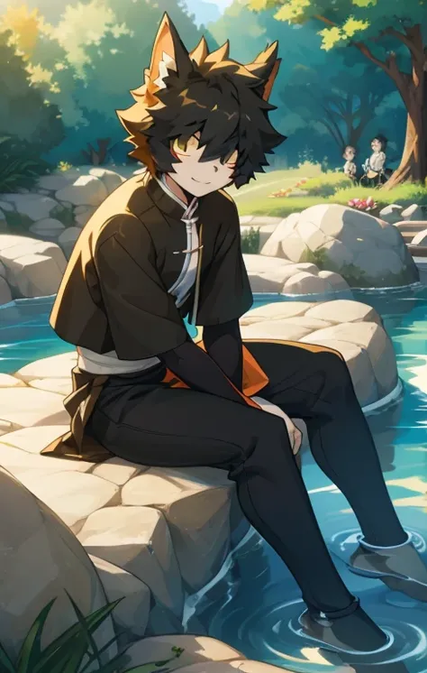 Aak，sit，masterpiece，Hot springs，Anime style，4K HD style，Looking at the audience，Aakhead，Black full body tights，Boys，Black top，Black trousers