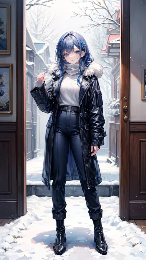 ((True best masterpiece, Ultimately perfect quality, Extremely delicate details)), ((Blue, Snowy, Winter)), A girl with a leather long coat, Wearing a pants, Full body