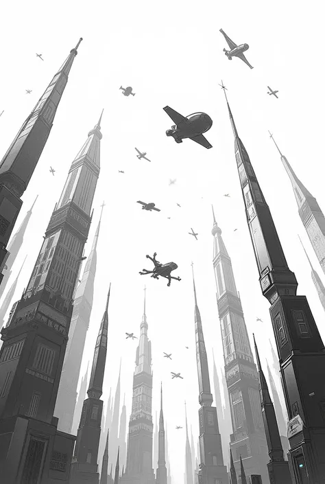 Design a black and white drawing of a futuristic city with skyscrapers and flying vehicles. Buildings should be decorated with geometric lines and patterns., and the sky must include spaceships or drones. This design should be ideal for a more adult audien...