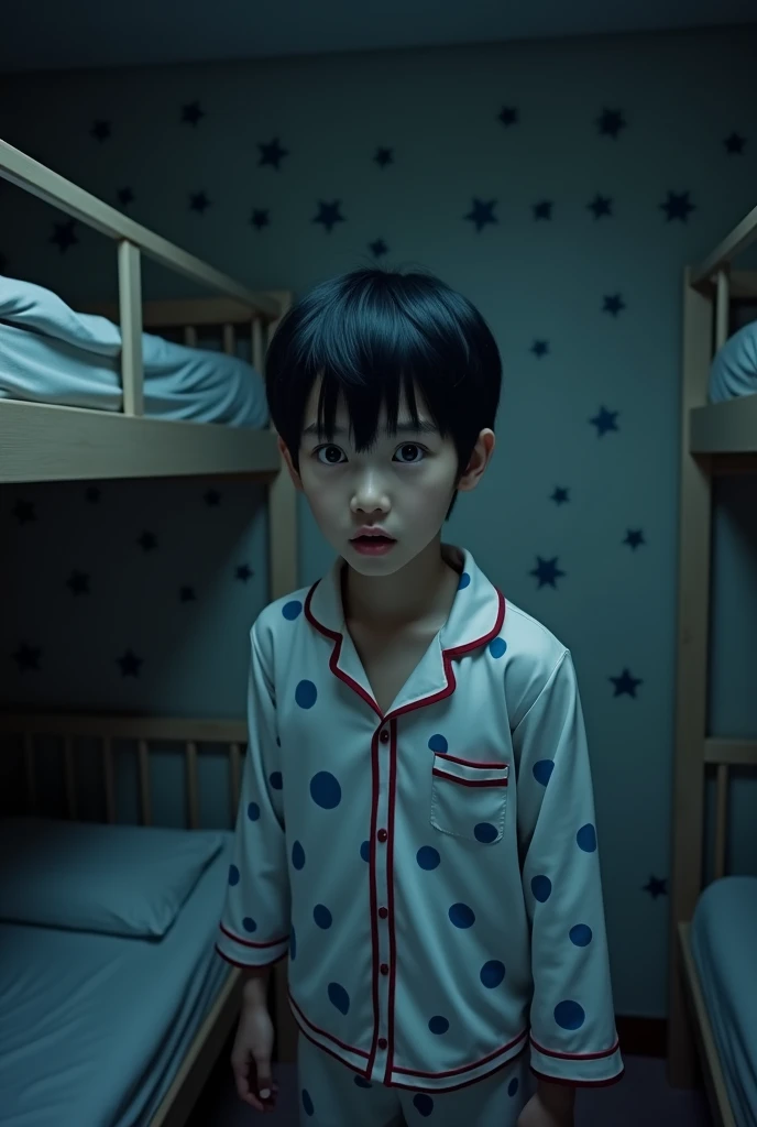 A 1 Thai male wearing white pajamas with blue polka dots and red trim, black hair, comma hairstyle, looking scared of something, center of the frame, camera angle pans up, background is a bunk bed, star-colored wall, night time, no lights, power outage, fu...