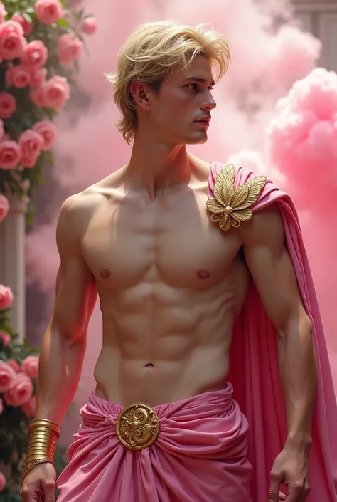 Hyper realistic, Masterpiece, detailed, 8k, a delicate and graceful image of a Handsome roman young man, shirtless, pink fabric on waist with golden ornament, golden shoulder ornament, blonde hair, surrounded by pink smoke and flowers