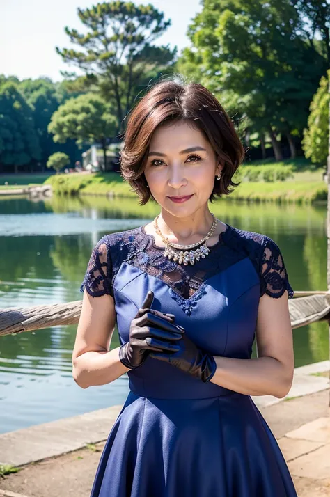 ((Masterpiece)), ((Best Quality)), A middle-aged short-hair woman, ((She is wearing an ornamental indigo short length wedding dress)), She is wearing gloves on her hands., outdoor, She is wearing a big necklace, She is near a lake.