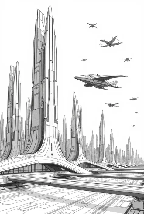 Design a black and white coloring drawing of a futuristic city with skyscrapers and flying vehicles. Buildings should be decorated with geometric lines and patterns., and the sky must include spaceships or drones. This design should be ideal for a more adu...