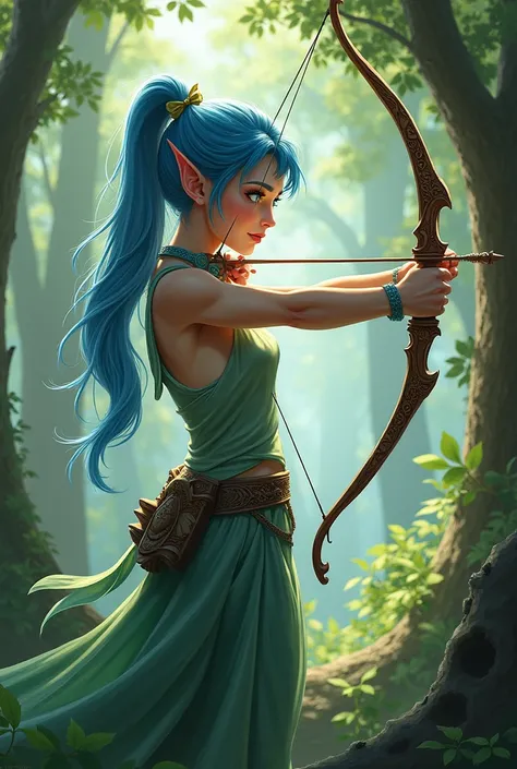 Elf with Blue hair ponytail with a bow as weapon