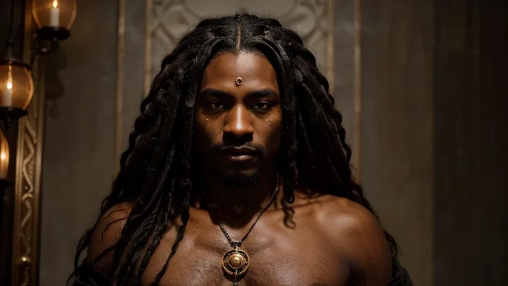 A powerful, enigmatic man with dark, rich mahogany skin and glowing gold eyes that seem to pierce through the soul, he is a black african with short dreadlocks. His face is framed by a thick mane of coiled hair that falls to his shoulders, adorned with sma...