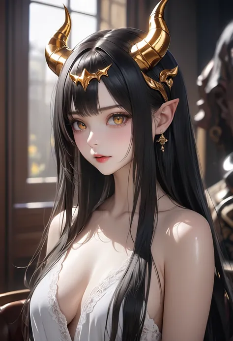 masterpiece, top quality, 8k, real person, realistic, very dense CG, shiny skin, Black Hair、Straight Hair、Shiny Hair、Delicate hair、A beautiful woman、Golden Eyes、White skin、White devil horns on head、Devil&#39;s Wings、Beautiful gold necklace with a large rub...