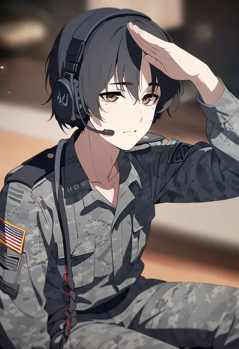 masterpiece,best quality,depth of field,8k,Looking at the viewer,man,black hair,brown eyes,(charismatic eyes 1:1),chic,alone,Has dark circles under their eyes,sitting,U.s. military,Looking up,ACU Gray Uniform,male,Wearing a gaming headset around his neck,s...