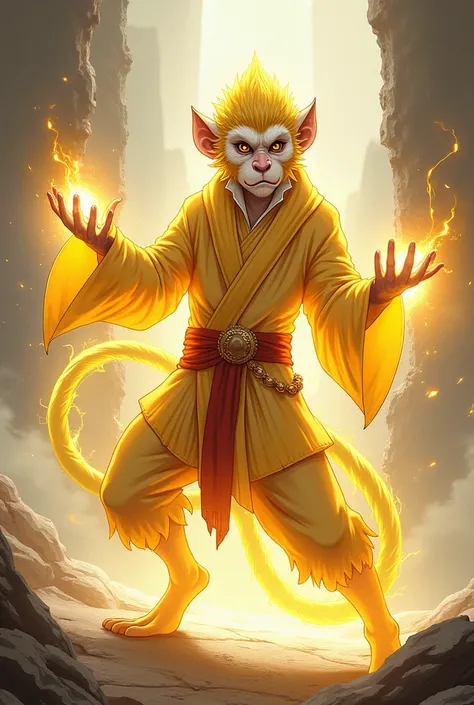 A light wizard transformed into a type of monkey like Sun Wukong with anime style with the white yellow and black color palettes More human in the anime style more human 