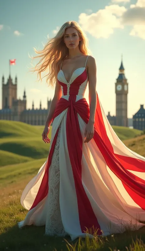 Beautiful Goddess, whole body, The goddess of England dressed in a costume based on the English flag