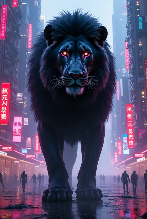 A lion with black colour in neon city