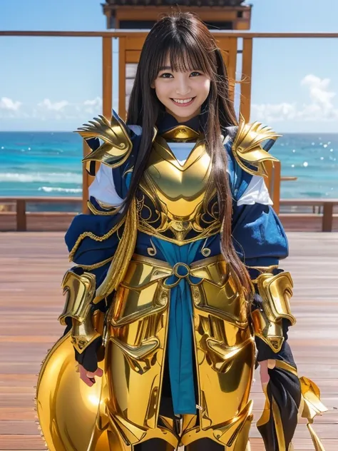 (8k, RAW Photos,Highest quality, High resolution:1.1), (Ultra-realistic:1.4),(Realistic, Realistic:1.3),The Beauty of Japan、((smile:1.3))、Okinawa(Ocean:1.4)、Golden Armor