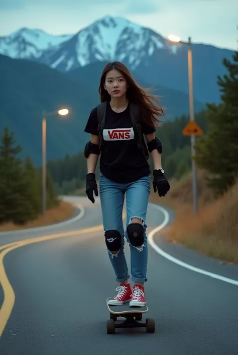 a besutiful korean young woman long flowing hair skateboarding and upturned jacket covered, confidently riding a skateboard down a winding mountain road ferry fasted, framed by the night golden light of the street. She is wearing a black t-shirt with a vin...