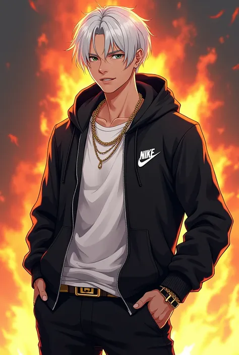 Make a handsome white anime  boy with a white adidas shirt underneath of full to fit black Nike hoodie with which tick , and black pants of Gucci , and golden chain in neck and abs on the body , with black tick white Nike sneakers  . Same pose with fire ba...