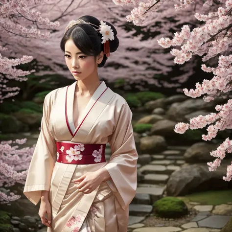 A beautiful geisha, half-naked, wearing traditional geisha makeup, standing in a lush cherry blossom garden in Japan during the geisha era, (best quality,4k,8k,highres,masterpiece:1.2),ultra-detailed,(realistic,photorealistic,photo-realistic:1.37),highly d...