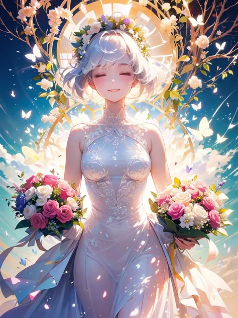 (masterpiece、Highest quality、Highest quality、Beautiful and beautiful:1.2)、(Excellent anatomy:1.5)、Milky white straight hair girl、Butterfly Fairy、Floral costume、A radiant smile、I bow my head and close my eyes and pray、Flowers and leaves on head、Holding a bo...