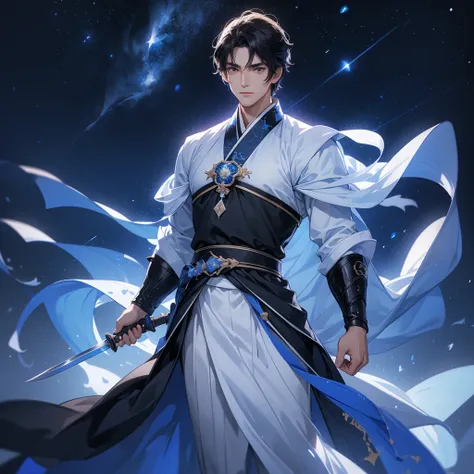 A Handsome black-hair male holding a large sword in white-blue hanfu dress, Background is a dark night, with moonlight and millions of stars, twinkling everywhere, with blue light, close up.