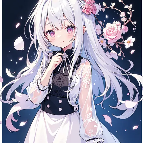 transparent watercolor、、beautiful layout and motif、depth of written border、smile、1 person、silver hair((medium hair、straight hair...