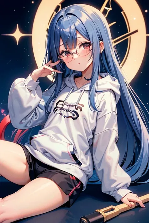 Angelic French doll, Stocky, Brightly colored hoodies, In shorts, Blue Hair ,Disheveled long hair, (anime: 1.2), Wearing glasses, Asymmetrical bangs, masterpiece, Tengu, (Fortuneteller: 0.8), (sleepy: 0.8), Intimate, フレンドリー, 風を受けている, 濡れた髪, anime, ざぁこ♡, 寒い,...