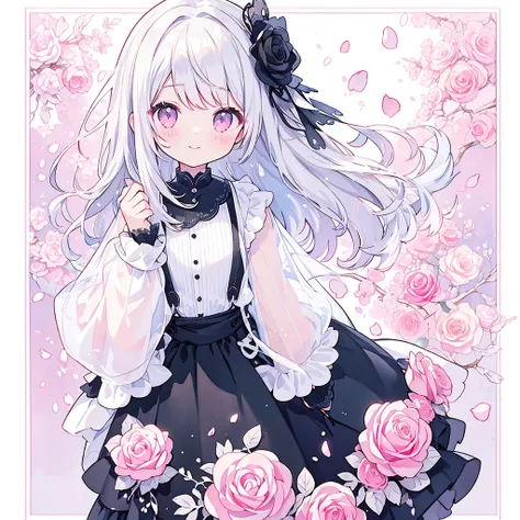 transparent watercolor、、beautiful layout and motif、depth of written border、smile、1 person、silver hair((medium hair、straight hair...