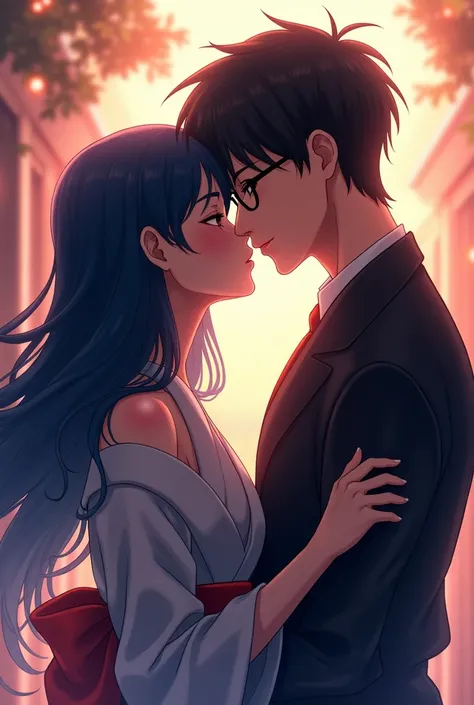 Anime drawing of a woman with long navy blue hair, kissing a man with short black hair wearing glasses