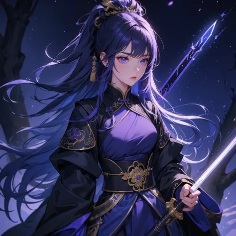 A beautiful female general holding a big spear in black-blue ancient Chinese general costume, background is a dark moonless night, with dry trees in the background, and purple glowing light, close up.