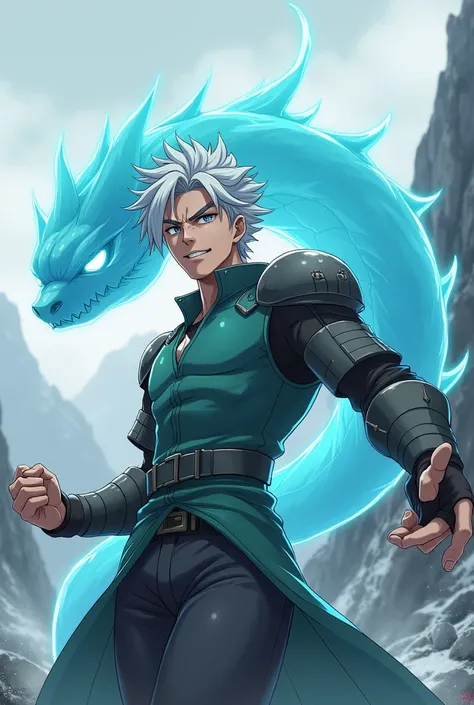 A male anime character with manga traits, with fair skin and silvery white hair, slicked down and slightly messy style, that covers part of your face. He wears an aqua green shirt with dark grey armor over it., that covers your torso, and also dark gray pa...